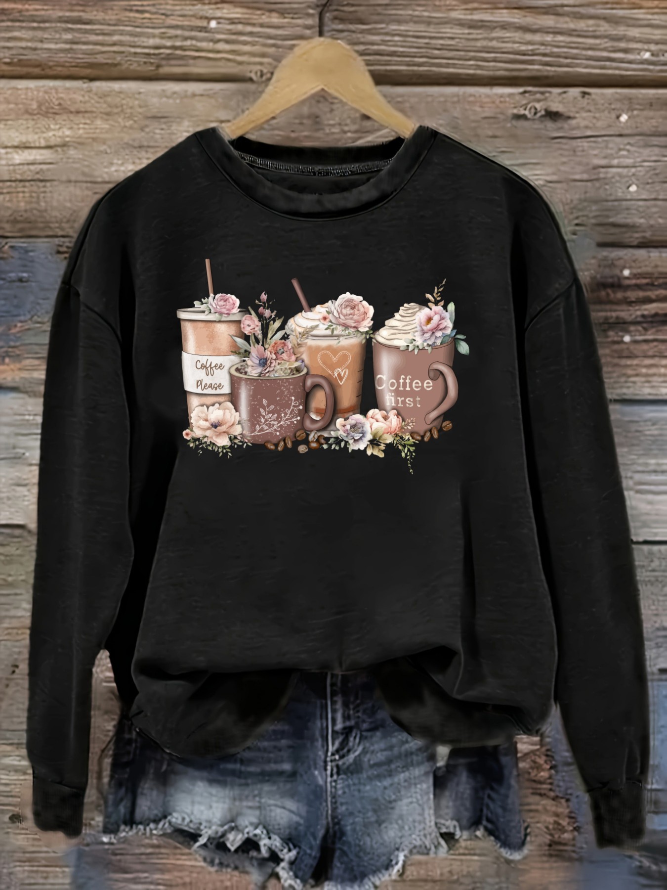 Coffee & Tea Ken'S House - Women's Casual Long Sleeve Crew Neck
